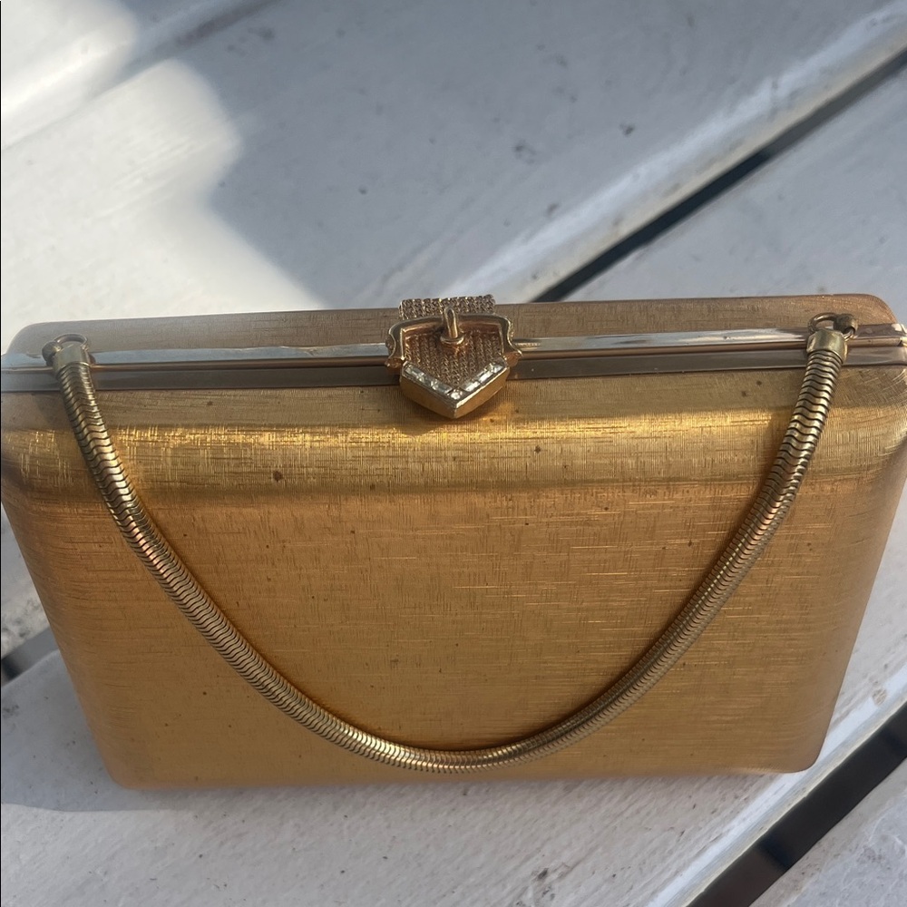 Gold Metallic Minaudière Clutch with Chain Handle